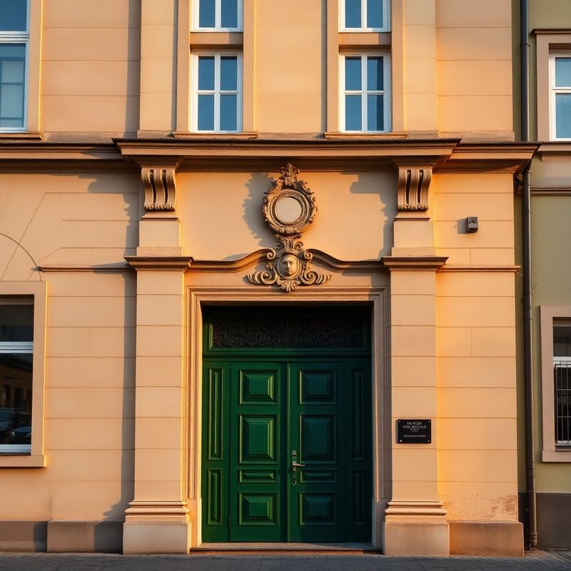 Historická fasáda budovy s lesnozelenými dverami v centre Prešova